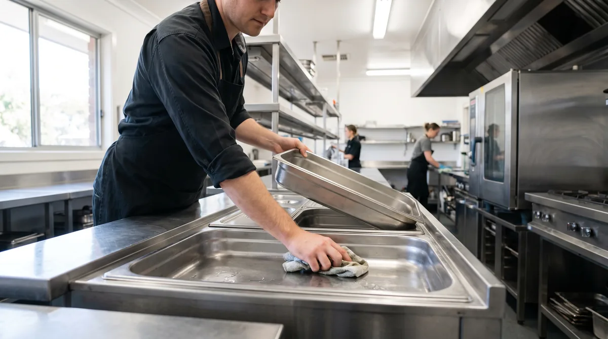 A staff member lifting empty gastronorm pans out of a bain marie at close of service and wiping down the drained stainless wells.
