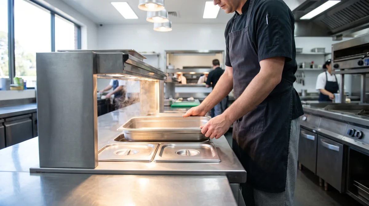 A chef fitting stainless gastronorm pans of several sizes and depths into the wells of a bain marie, a full-size pan beside two half-size pans.