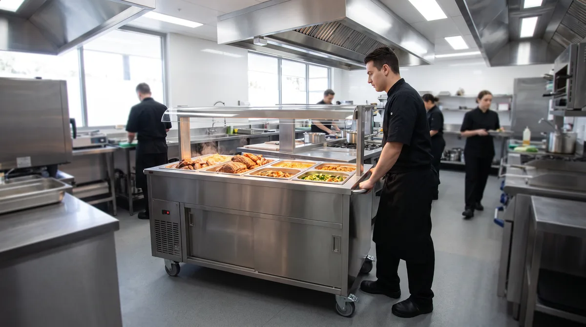 A stainless mobile bain marie trolley on castors set up at a function buffet, gastronorm pans of hot food in its wells.
