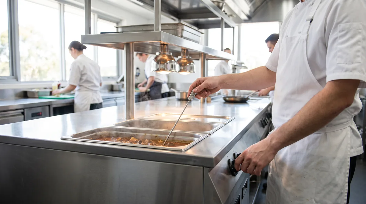 A chef holding a probe thermometer into a gastronorm pan of hot food in a bain marie while checking the unit's control dial.