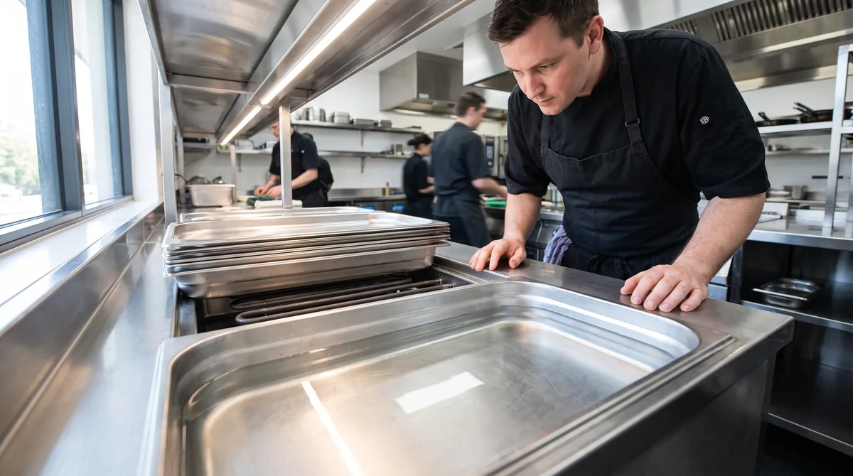 An empty stainless bain marie well part filled with clear water, with gastronorm pans lifted out and resting on the bench beside it.