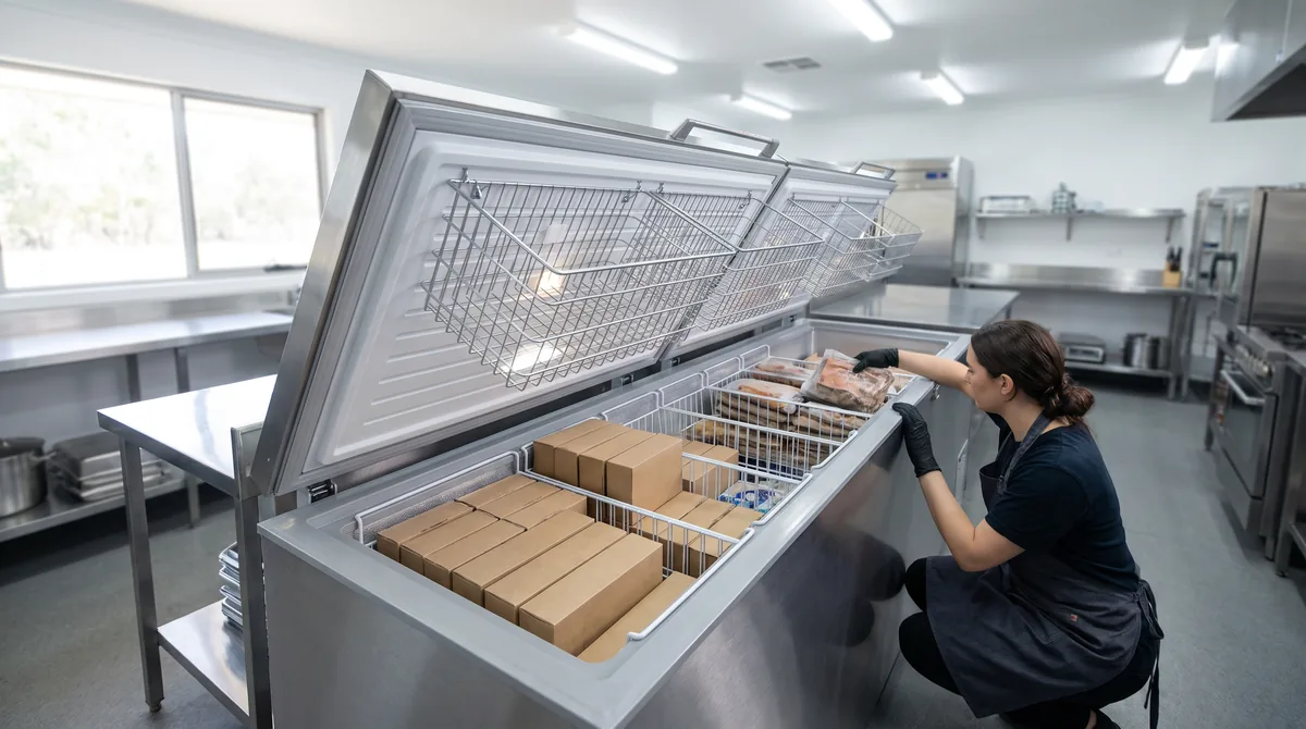 Looking down into an open commercial chest freezer with wire baskets lifted onto the rim and frozen cartons organised in zones below.