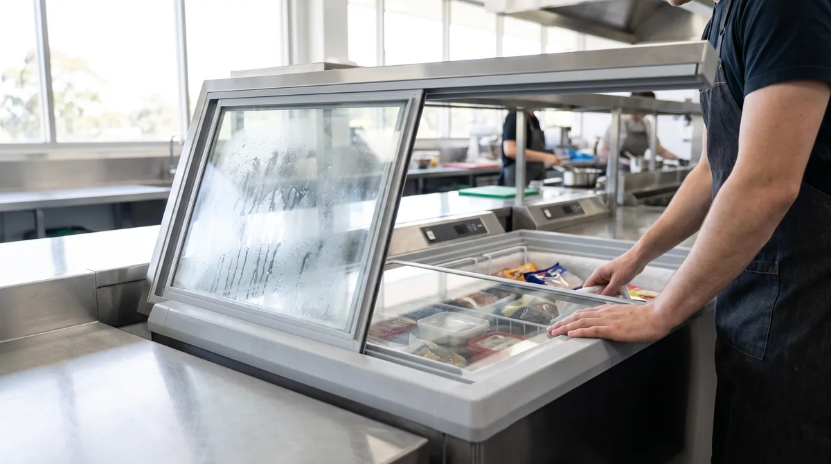 A glass sliding lid chest freezer with the lid slid half open showing frozen product below and condensation on the glass.
