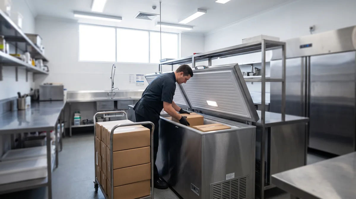 A staff member loading a delivery of frozen cartons into a large commercial chest freezer, with more cartons stacked on a trolley beside them.