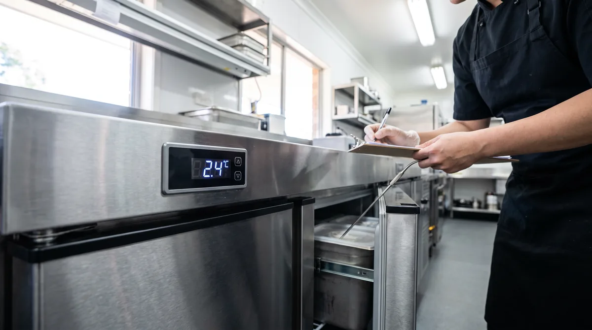 A digital temperature display on the front of a commercial chest freezer, with a staff member holding a probe thermometer and a temperature log clipboard.