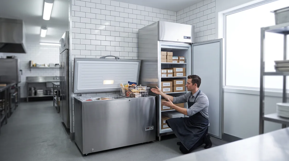 A chest freezer and an upright commercial freezer side by side with both doors open, showing deep basket storage against shelf storage.