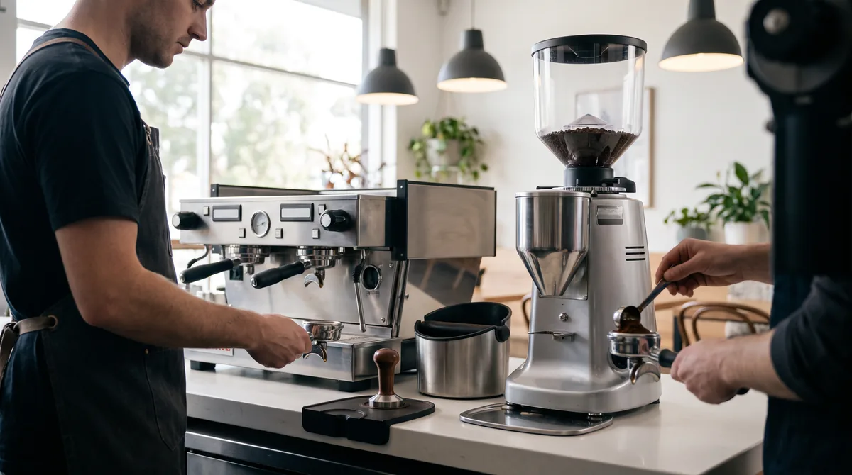 A commercial burr grinder beside an espresso machine, a barista dosing ground coffee into a portafilter with tamper and knock box alongside.