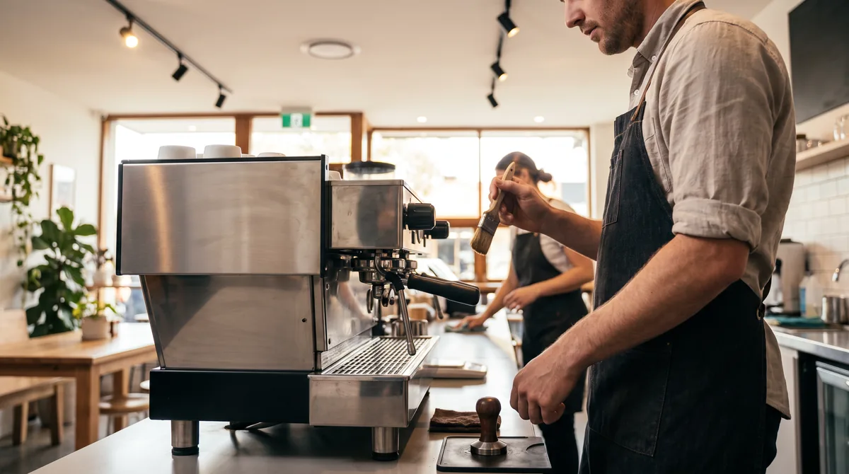 A barista backflushing a group head on an espresso machine with a blind basket in the portafilter and a cleaning brush in hand.