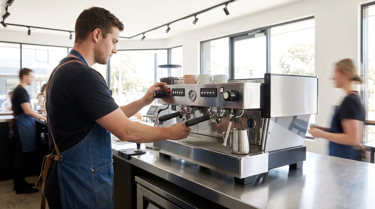 A barista pulling espresso shots on a two-group traditional espresso machine, cups warming on top and a milk jug ready at the steam wand.