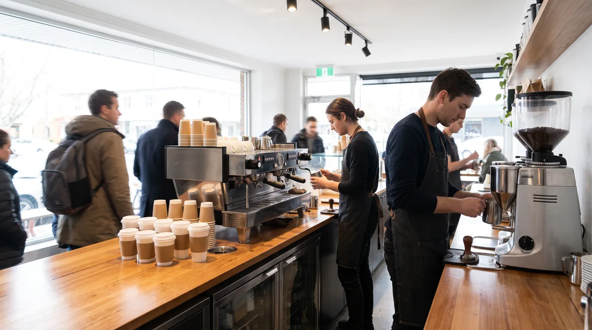 A three-group espresso machine on a long cafe bench during a busy morning rush, two baristas working the machine and grinder side by side.