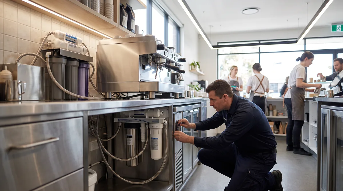 Wall-mounted water filtration and softening cartridges plumbed to a commercial espresso machine under a cafe bench, a technician checking the filter head.