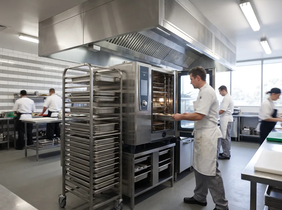 A chef sliding a tray into a floor-standing combi oven beside a full-height mobile rack of gastronorm trays, under a stainless extraction canopy.