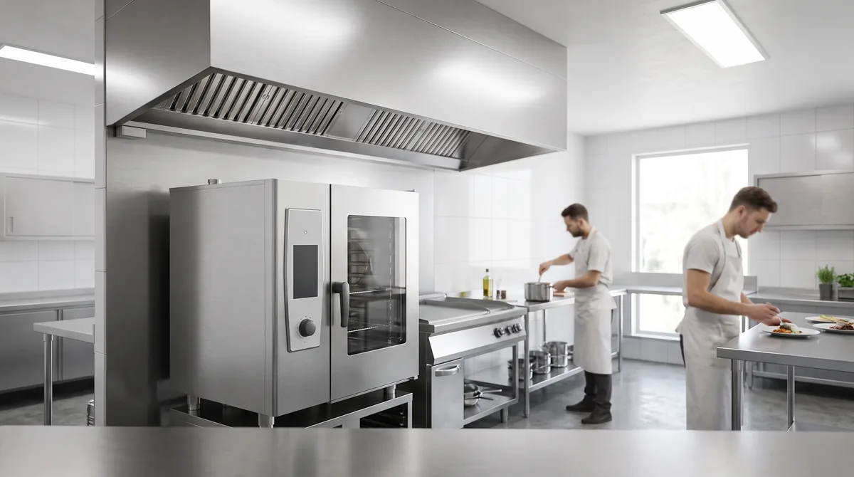 A combi oven installed beneath a stainless condensate extraction canopy, showing side and overhead clearance and the service gap behind.