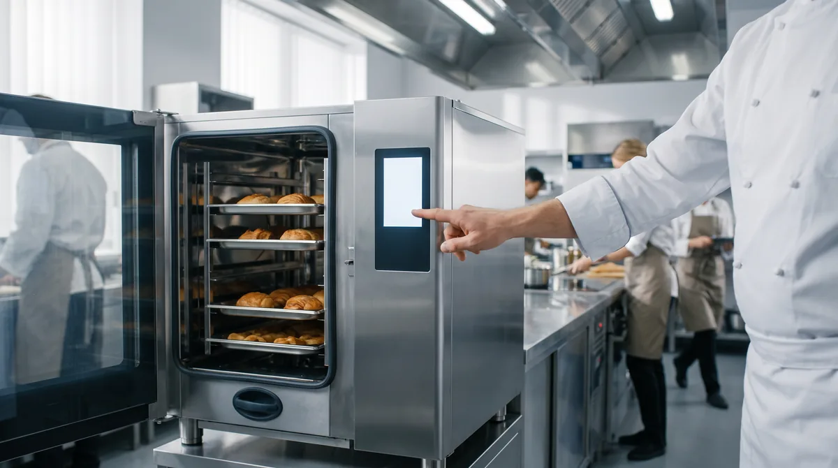 A chef selecting a cooking program on the touch control panel of a combi oven, the loaded oven door beside the panel.