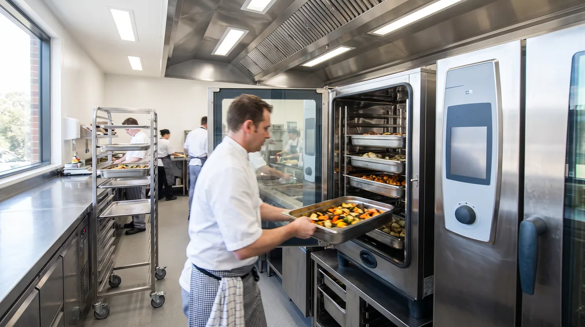 A chef sliding a full-size stainless gastronorm tray into the rack runners of an open combi oven, with several loaded trays already in place.