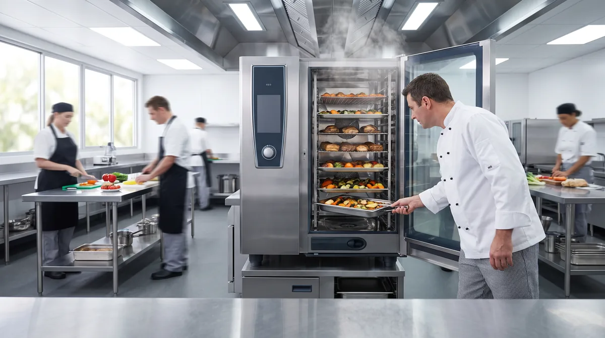 A floor standing combi oven with its door open and light steam rolling out, trays of roasted vegetables and meat on the rack runners.