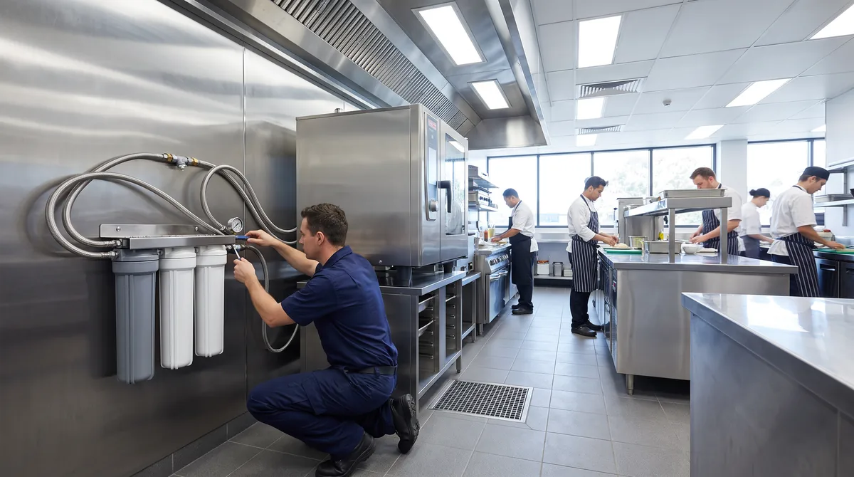 Wall-mounted water filtration cartridges plumbed in braided line to a commercial combi oven, a technician checking the filter head.