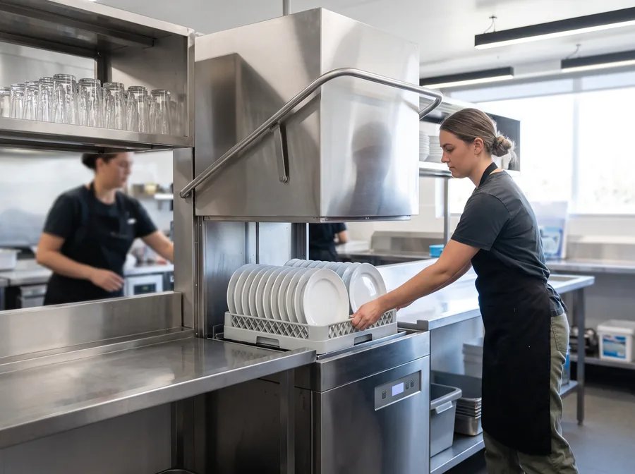 A stainless steel pass-through hood dishwasher in the wash-up area of a commercial kitchen, with racks of clean glassware and plates on the tabling beside it.