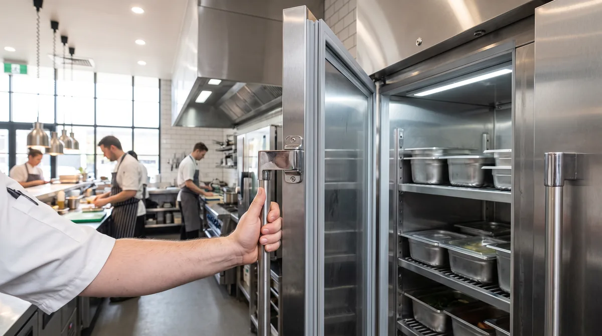 Close view of the heavy hinge, thick door seal and stainless interior of a commercial upright refrigerator held open by a chef.