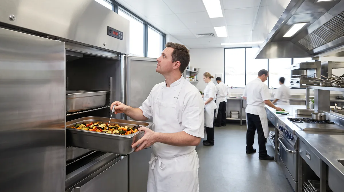 A chef holding a probe thermometer into a gastronorm pan inside an open commercial fridge while glancing at the digital controller.