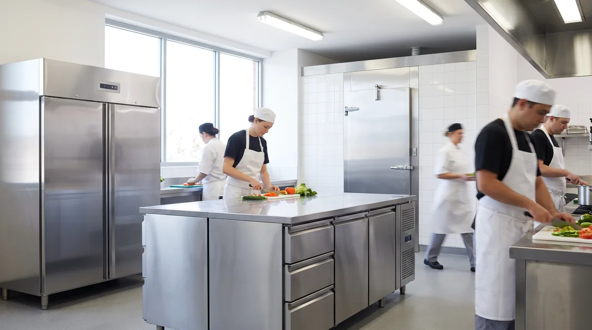 A commercial kitchen showing a tall upright fridge, a run of underbench refrigeration beneath a prep bench, and a coolroom door behind.