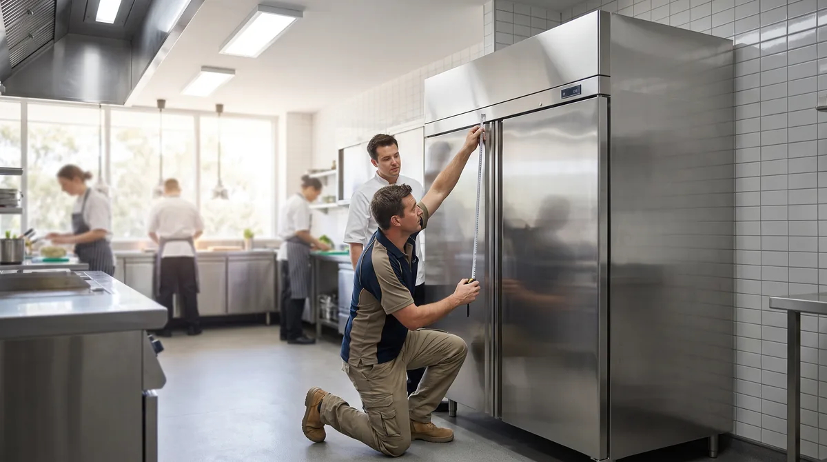 A technician holding a tape measure to the ventilation clearance above and behind a stainless upright commercial refrigerator pulled out from the wall.