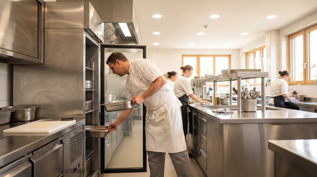 A chef working a prep bench and reaching straight into an adjacent open commercial fridge for a gastronorm pan without stepping away.