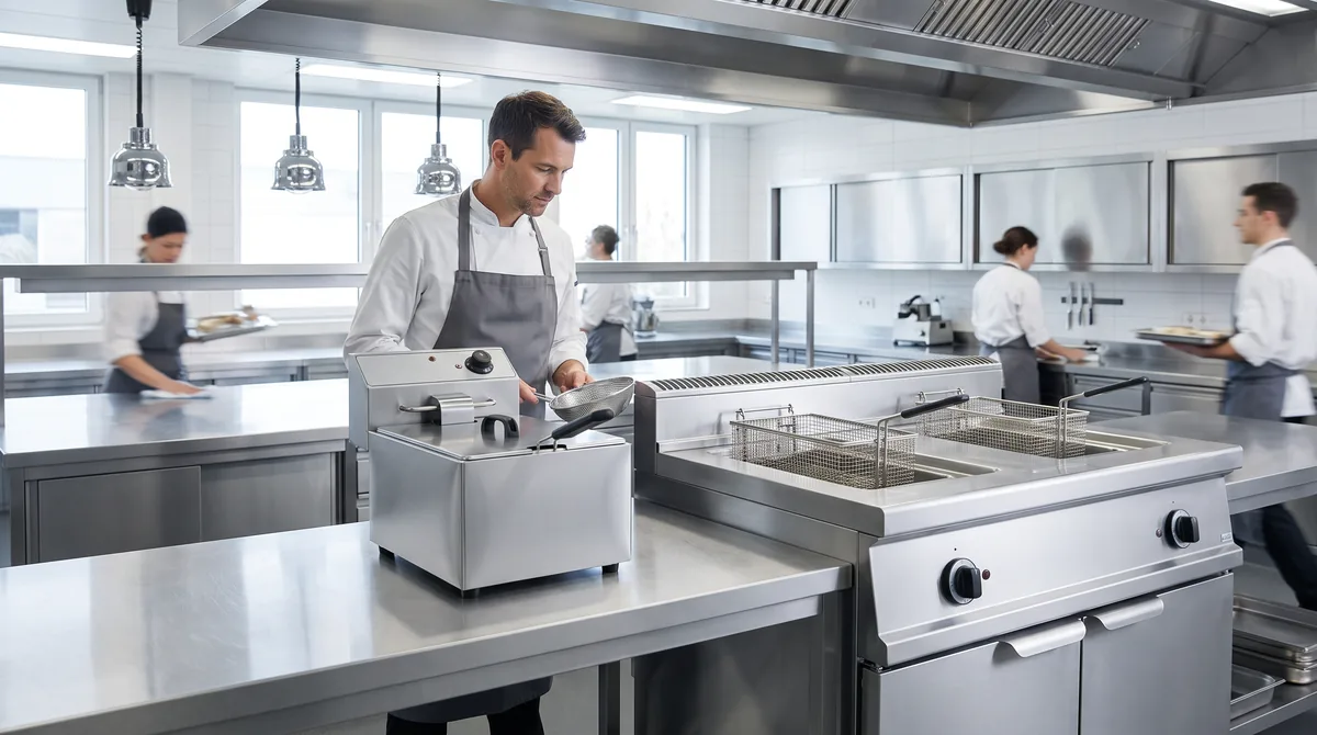 A benchtop single-pot deep fryer on a stainless bench beside a larger freestanding twin-pot floor model, showing the size difference.