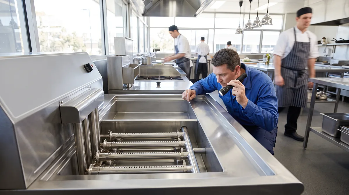 The gas burner assembly and cool zone at the bottom of an empty commercial deep fryer pot with the baskets lifted out.