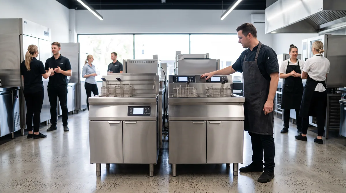 Two commercial deep fryers of different capacities side by side, a chef comparing the control panels and basket sizes.
