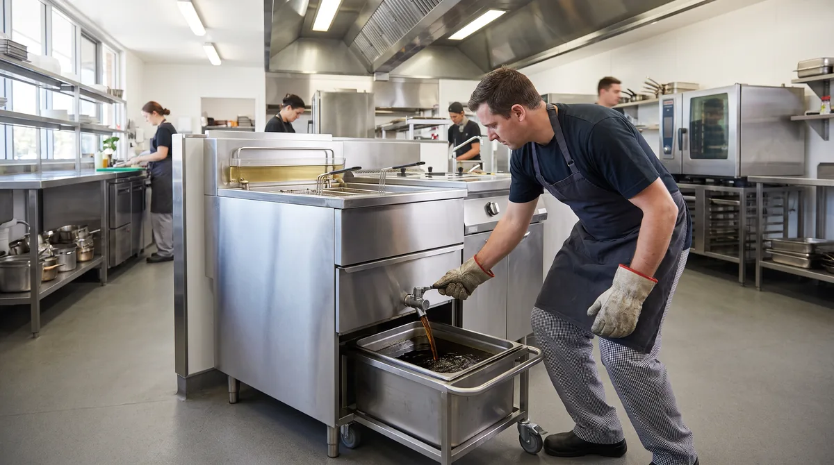 A chef pouring filtered oil back into a commercial deep fryer through a portable filtration unit, a filter paper on the bench beside it.