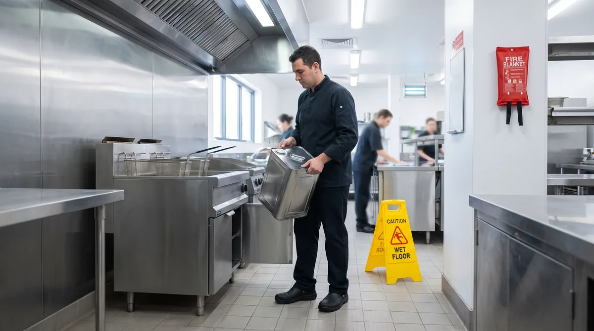 A chef in long sleeves and closed shoes carrying a lidded oil transfer container away from a cooled deep fryer, with a fire blanket on the wall nearby.