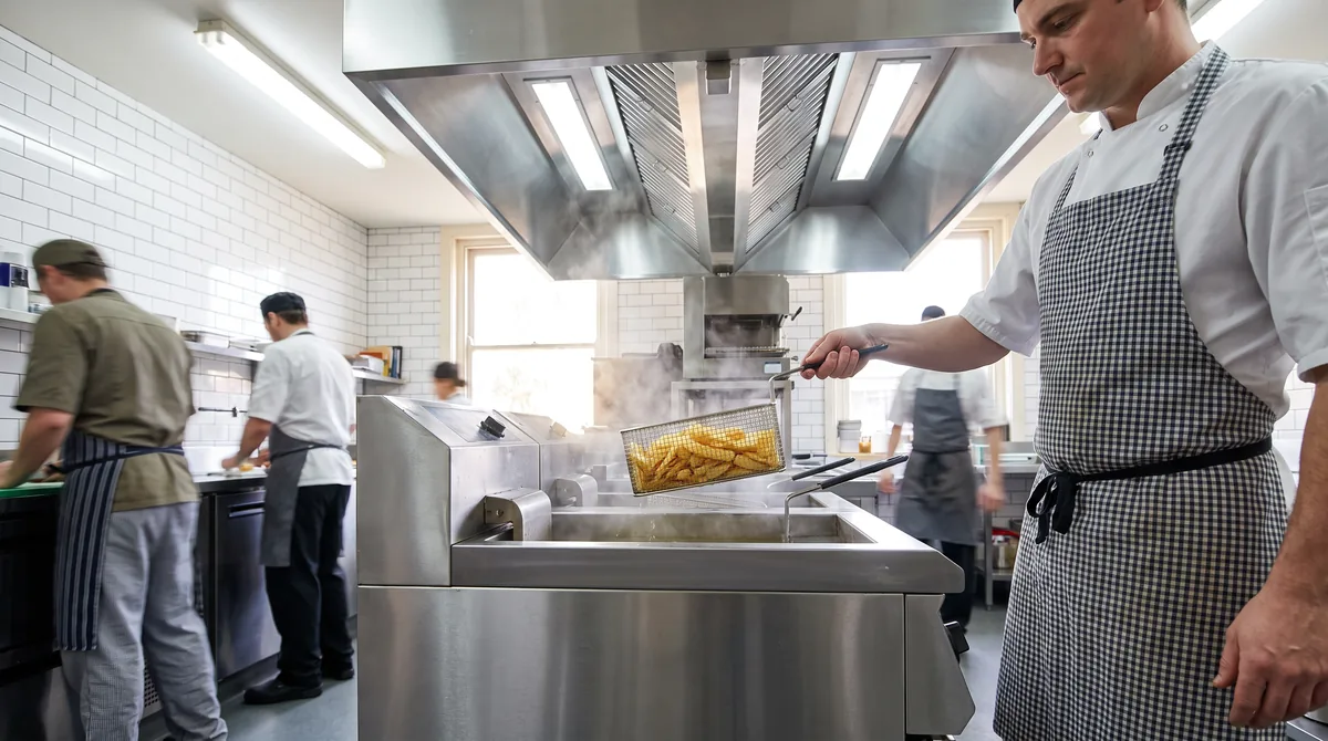 A freestanding twin-pot commercial deep fryer on a pub cooking line, a chef lowering a wire basket of chips into the hot oil under an extraction canopy.