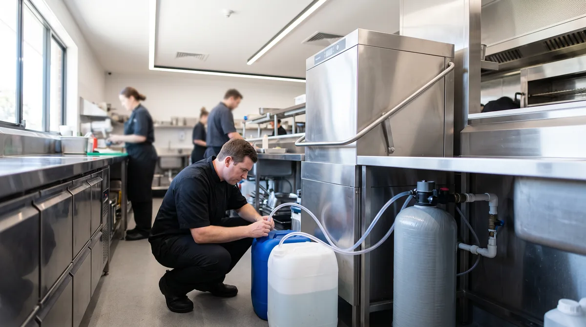 A chemical dosing line and detergent container fitted beside a commercial dishwasher, dosing tube running into the machine.