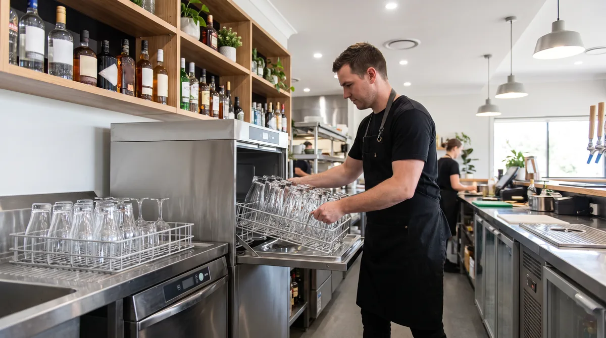 A compact commercial glasswasher installed under a pub back bar, with a rack of clean upturned beer glasses on the stainless drainer beside it.