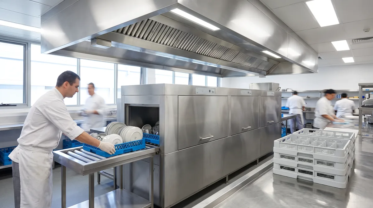 A stainless rack conveyor dishwasher with long infeed and outfeed tabling either side, empty racks queued on the infeed, extraction canopy above.
