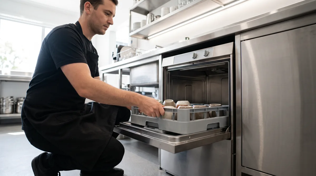 A stainless underbench commercial dishwasher installed in a bench void, door open showing an empty dish rack inside the chamber.