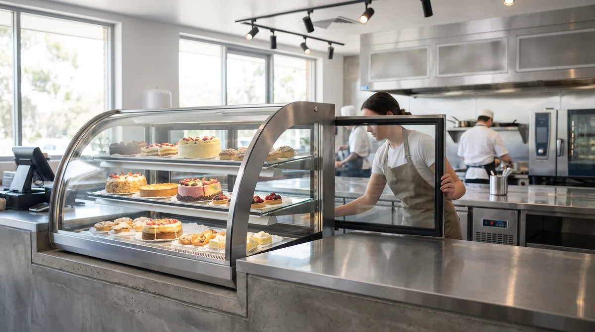A curved glass refrigerated cake cabinet on a cafe counter with tiers of cakes and tarts inside, a staff member sliding the rear door open.