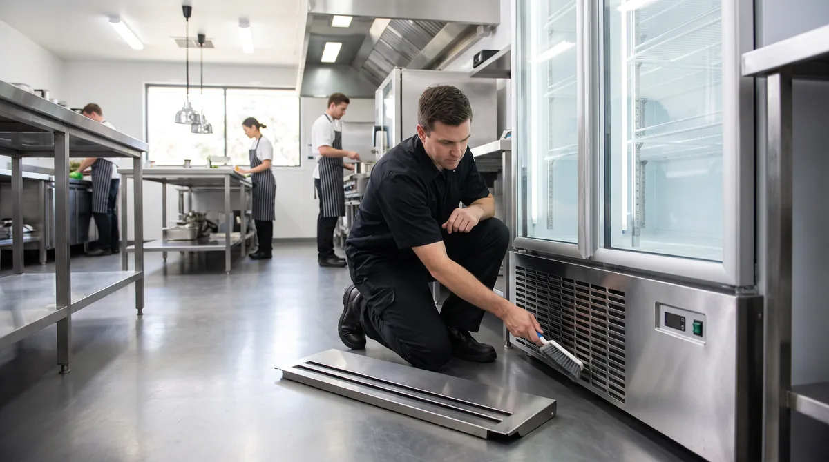A technician brushing dust from the condenser grille at the base of a glass door display refrigerator with the kick panel removed.