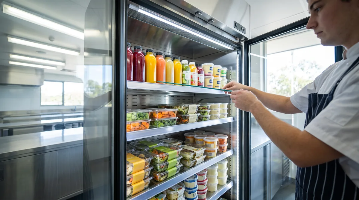 The interior of a glass door display fridge showing LED strip lighting along each glass shelf and neatly faced product.