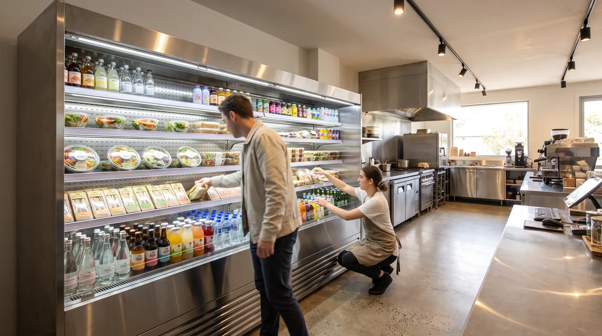 An open front refrigerated merchandiser stocked with sandwiches, salads and drinks, a customer reaching in while a staff member faces up the shelves.