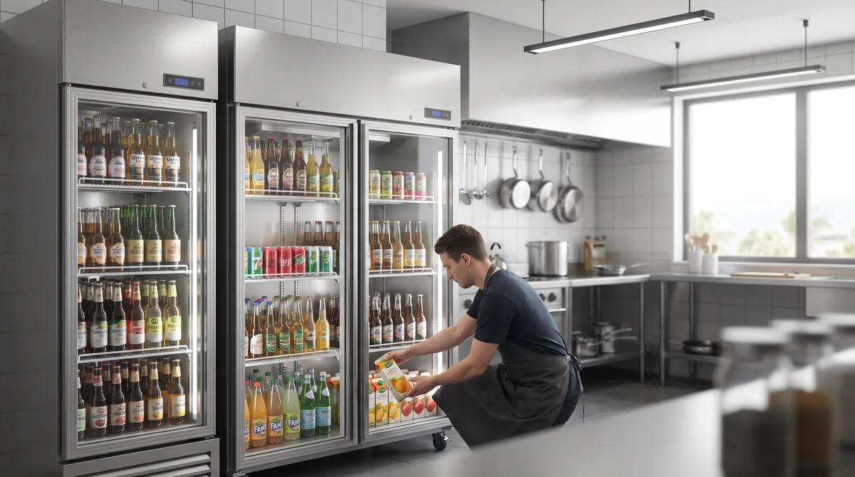 A single door and a double door glass front drinks display refrigerator side by side, a staff member restocking the double door unit.