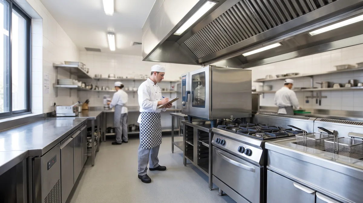 A finished compact commercial kitchen at handover, stainless benching, cooking line and refrigeration installed and clean, a chef doing final checks.