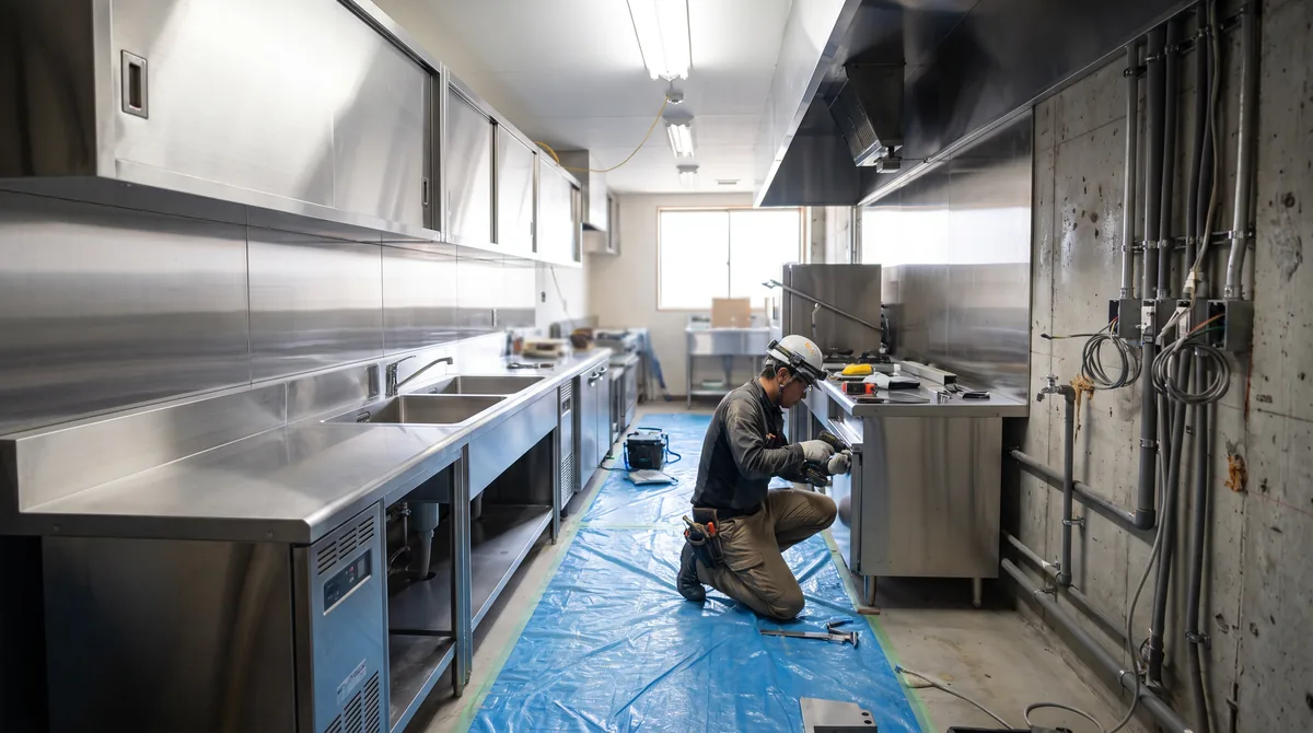 A commercial kitchen part way through fit-out, stainless benching installed along one wall and services roughed in on the other.