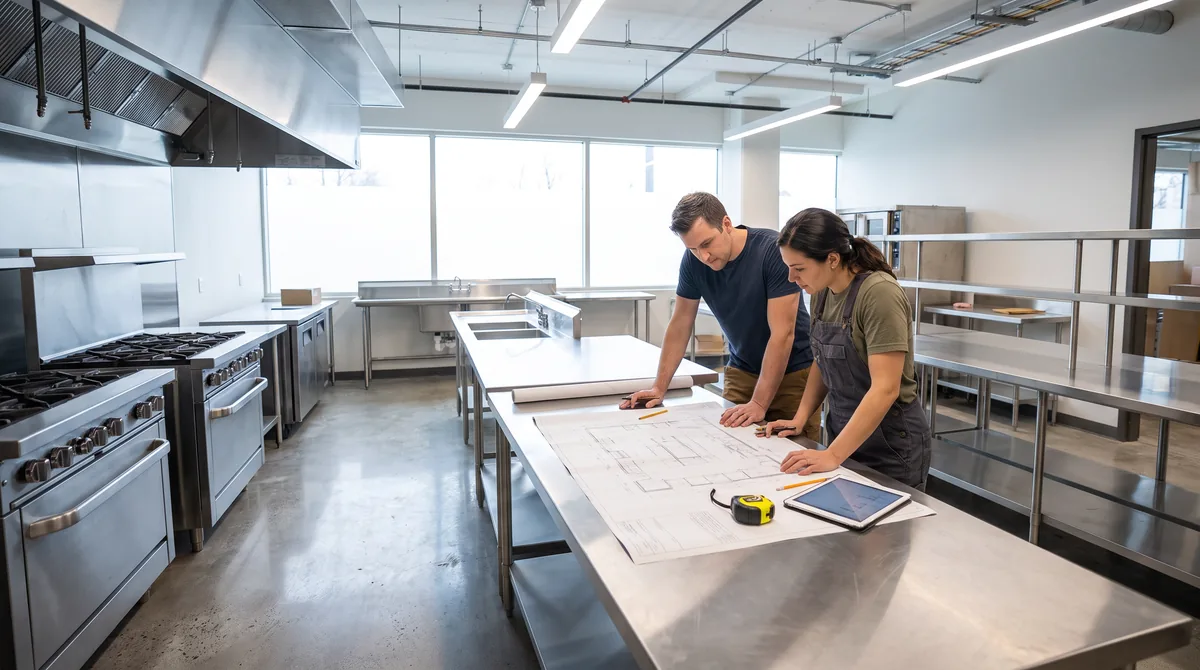 Two people looking at a commercial kitchen layout drawing spread on a stainless bench in a partly fitted-out kitchen.