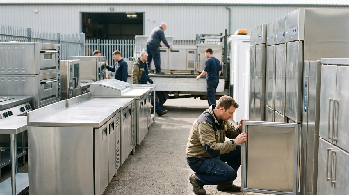 A used commercial kitchen equipment yard with second-hand benches, ovens and refrigerators lined up, a buyer inspecting a door seal.