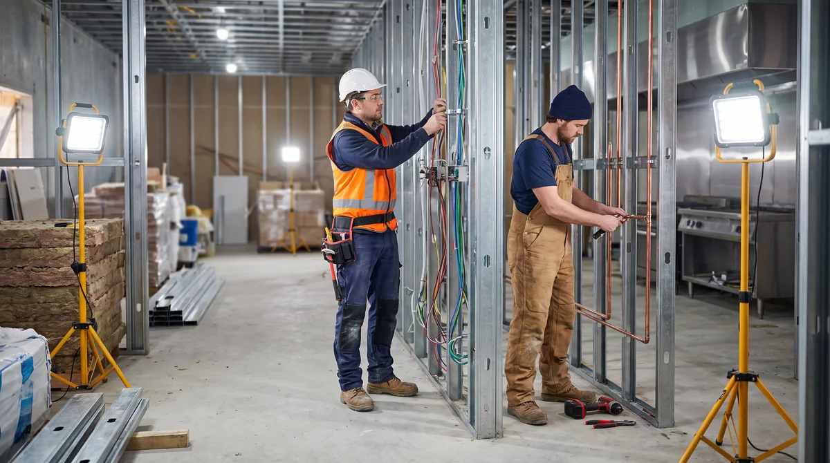 An electrician and a plumber working on roughed-in services in a commercial kitchen fit-out, conduit and pipework exposed before the stainless goes in.