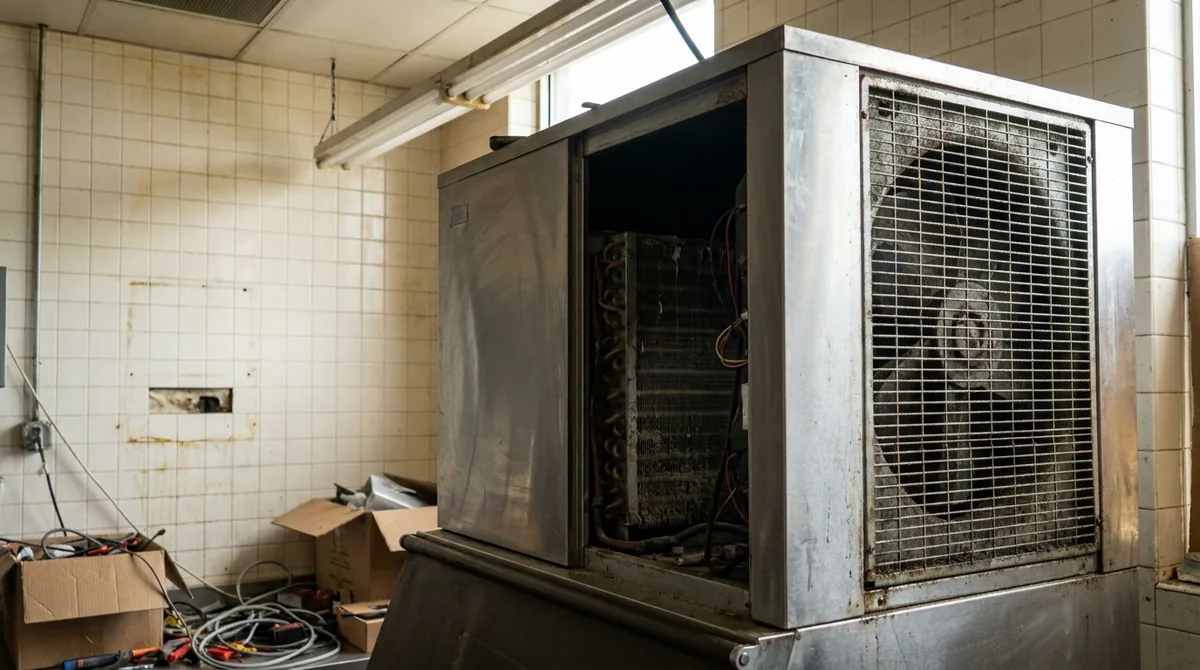 The condenser grille and service panel of an air-cooled commercial ice machine, with dust visible on the condenser fins.