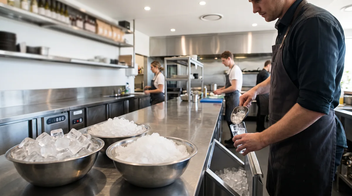 Cube ice, nugget ice and flake ice shown side by side in stainless bowls on a bar bench, a bartender filling a glass with cube ice.