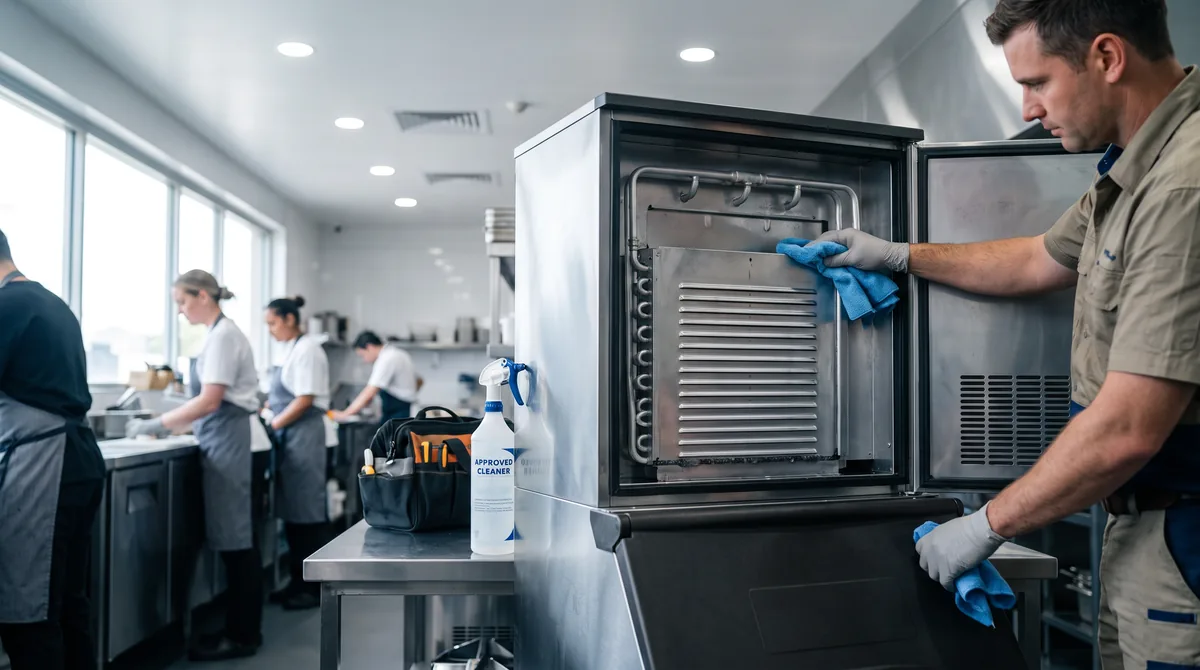 A technician sanitising the interior of an opened commercial ice machine head, with the evaporator plate and water distribution tube visible.